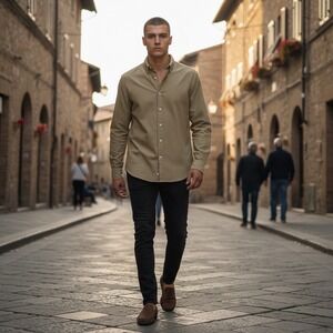 Xacus Men Tan Button Down Shirt Long Sleeve Textured Made in Italy Size 15.75 40